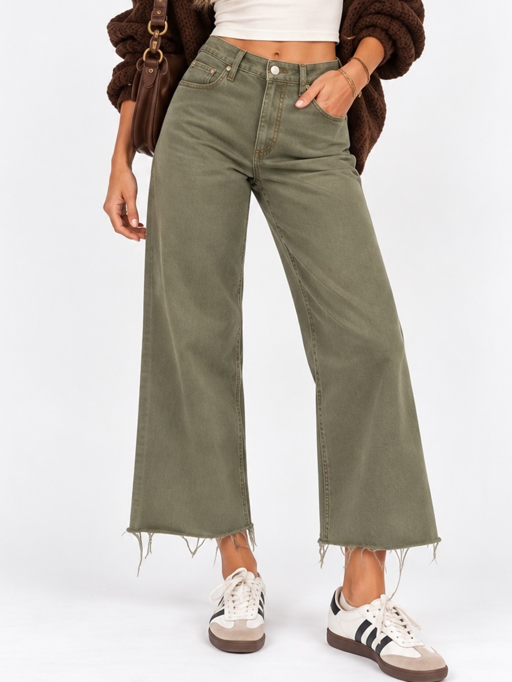 7 For All Mankind Olive Green Cropped Wide Leg Raw Hem Jeans Size 30